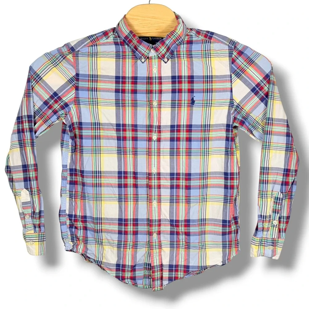 Ralph Lauren Button Down Shirt Boys XL Multicolor Madras Plaid Classic Pony Prep